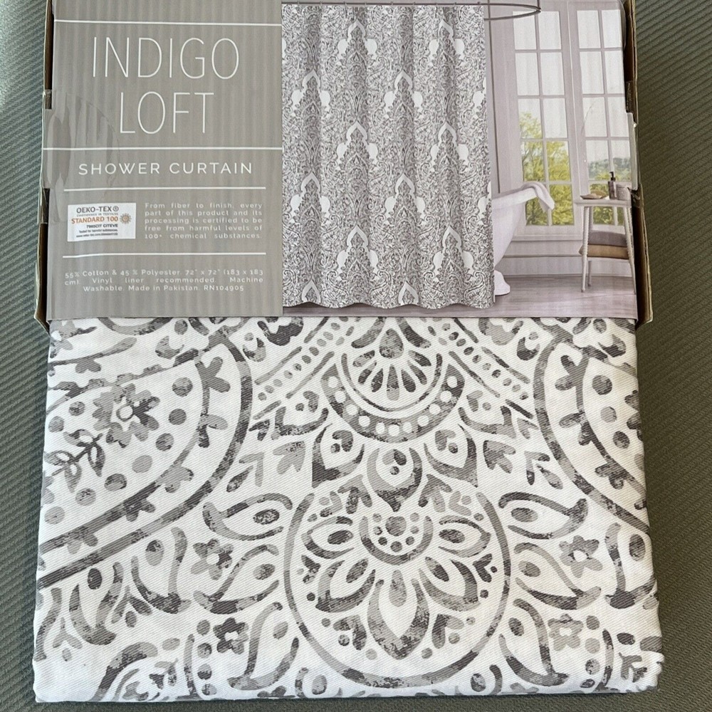 New Indigo Loft Paisley Medallion Flower Shower Curtain White Gray Cotton Blend